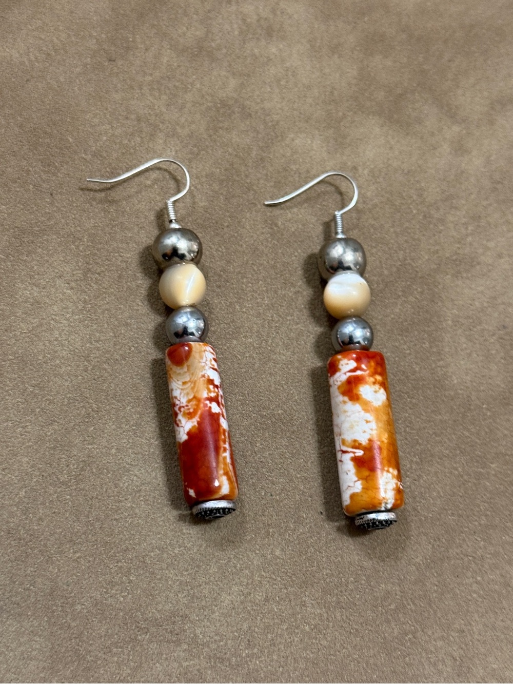 Orange Marbled Cylinder Drop Earrings with Silver Accents